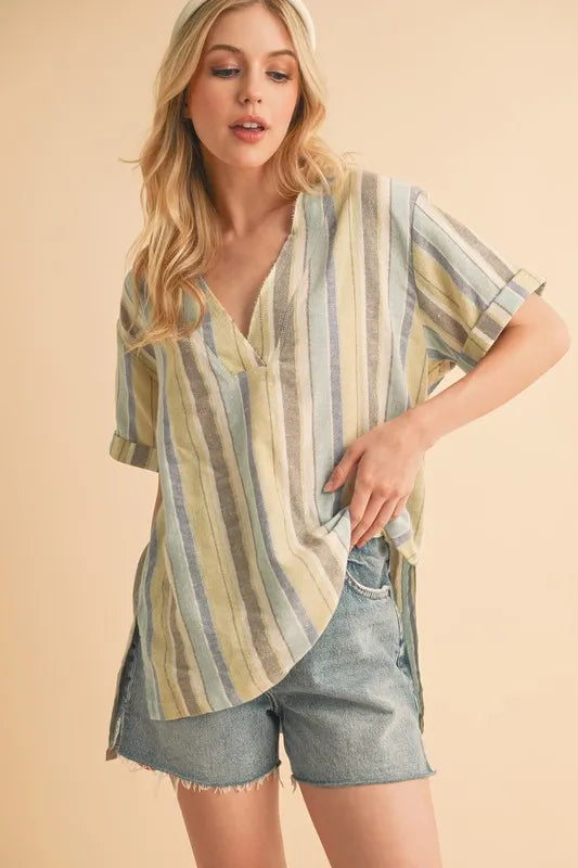 Aemi+Co Side Slit Striped Short Sleeve Blouse