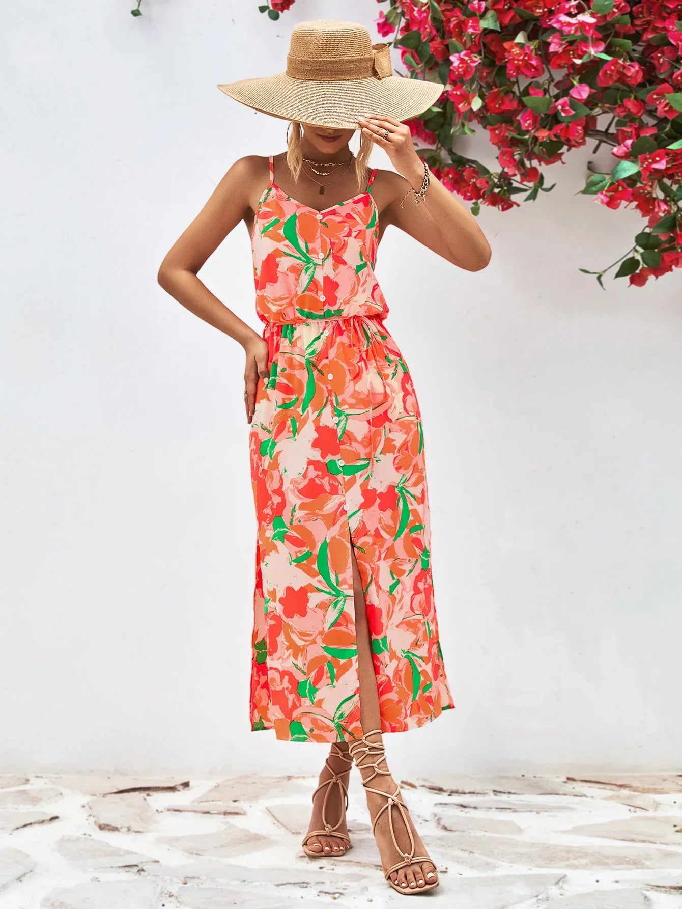 Printed Spaghetti Strap Front Slit Dress - Southern Shores Clothing