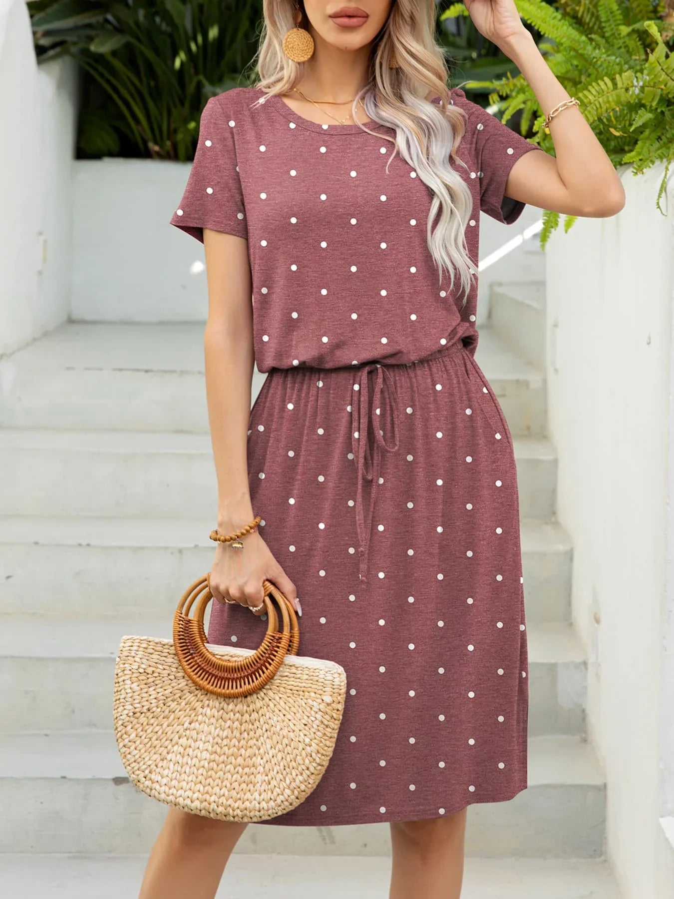 Round Neck Short Sleeve Slit Dress with Pockets - Southern Shores Clothing
