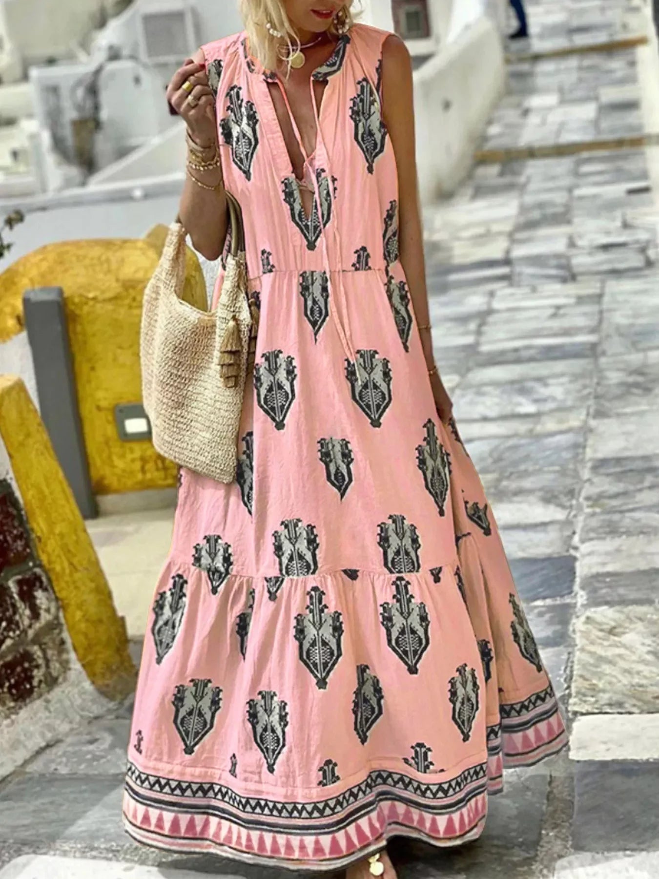 Printed Sleeveless Maxi Dress With Tiered Skirt - Southern Shores Clothing