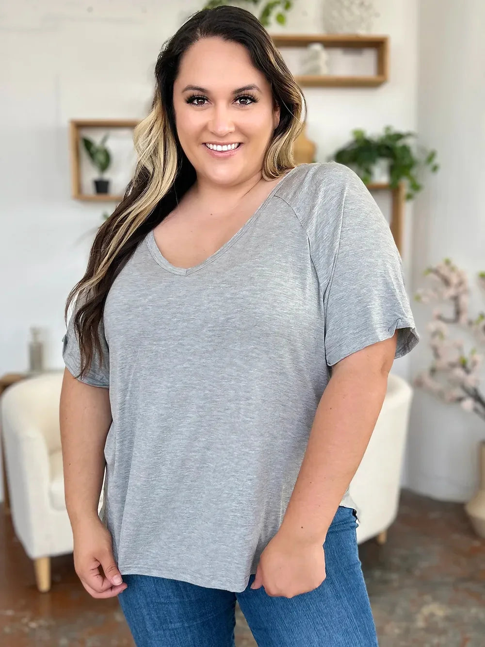 Basic Bae Full Size Bamboo Slit V-Neck Short Sleeve T-Shirt - Southern Shores Clothing