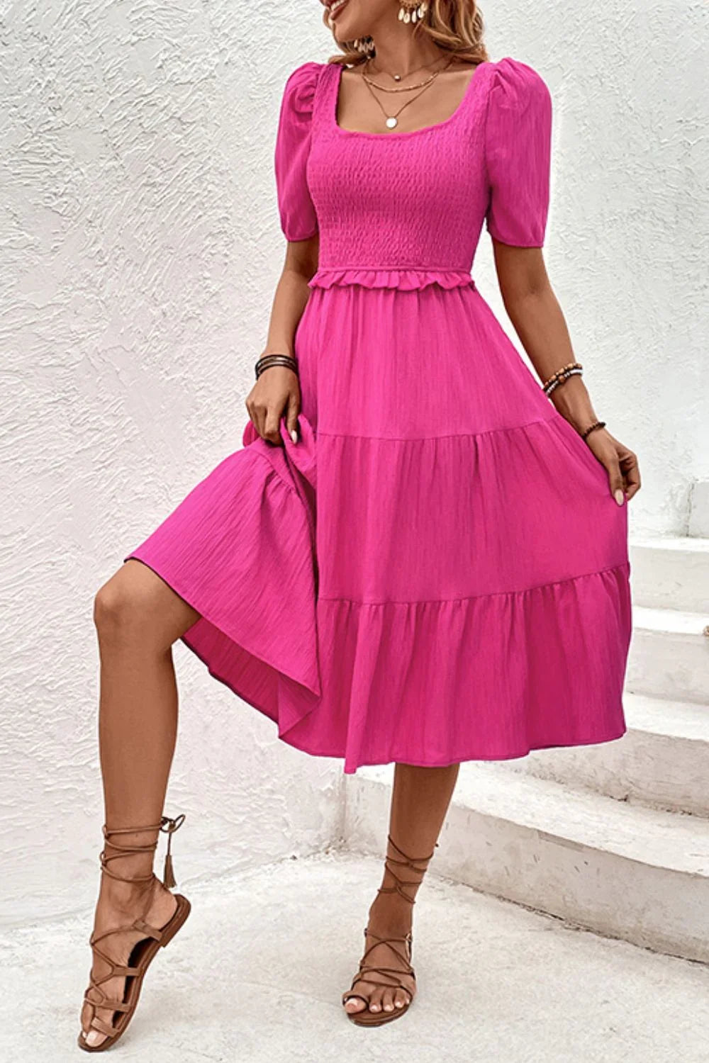 Perfee Square Neck Puff Sleeve Cutout Dress - Southern Shores Clothing