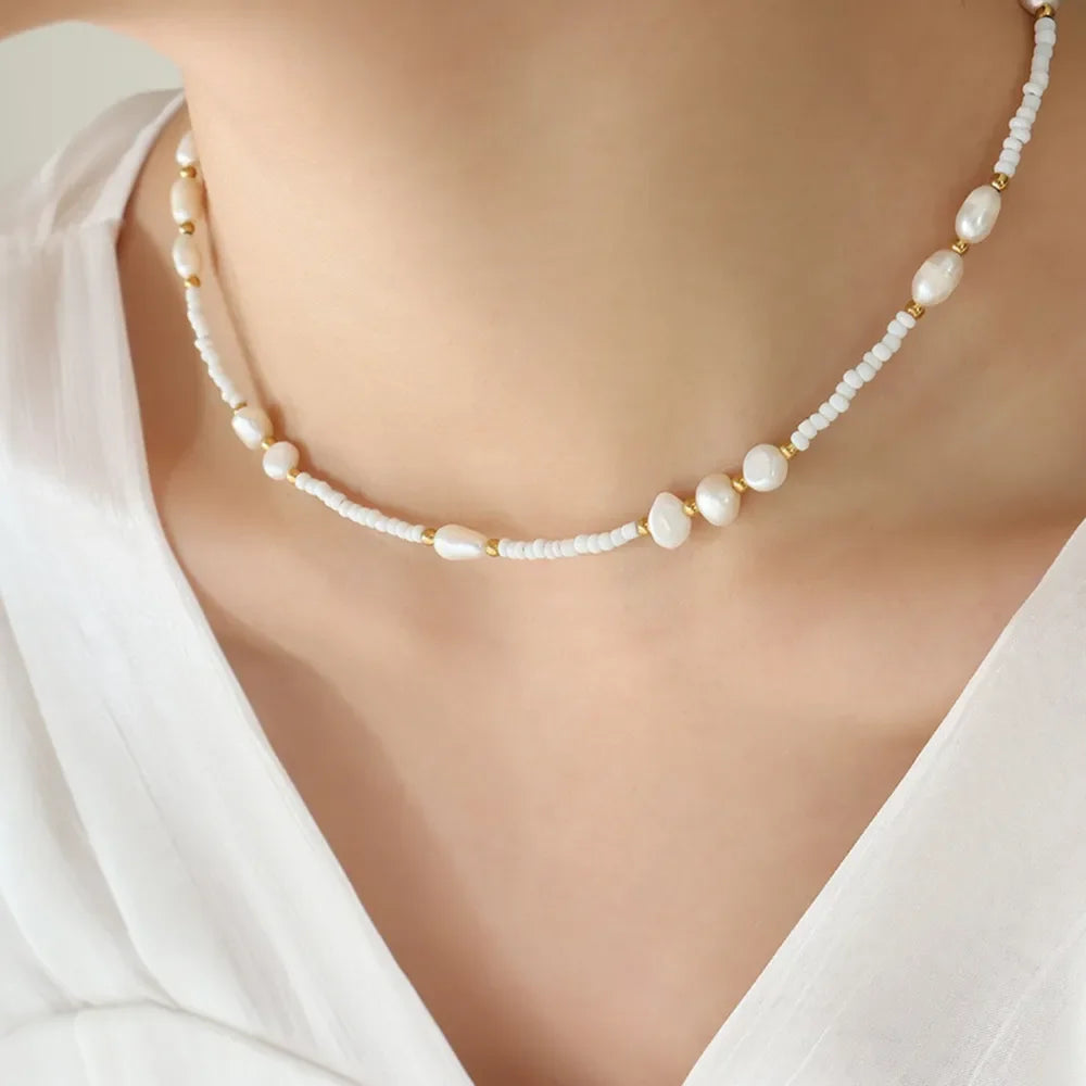 Titanium Steel Freshwater Pearl Necklace With Beads - Southern Shores Clothing
