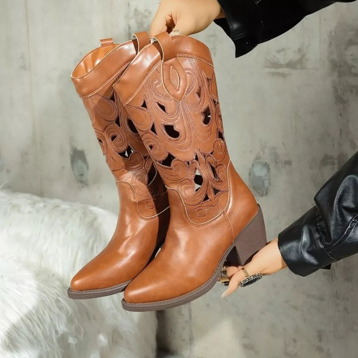 Stylish Cutout Point Toe Cowboy Boots Western - Southern Shores Clothing