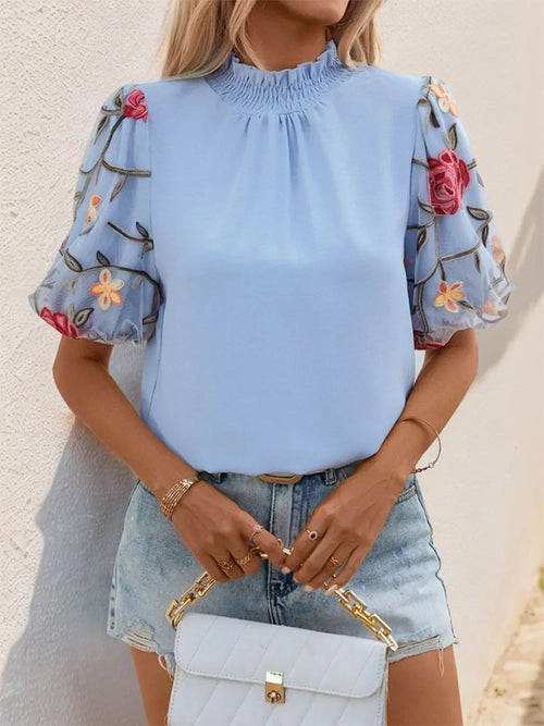 Embroidered Mock Neck Puff Sleeve Blouse - Southern Shores Clothing