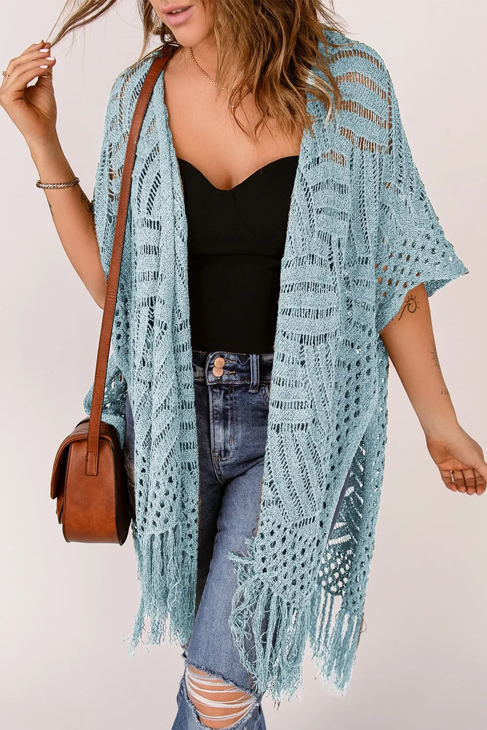 Lightweight Openwork Fringed Cardigan With Open Front - Southern Shores Clothing