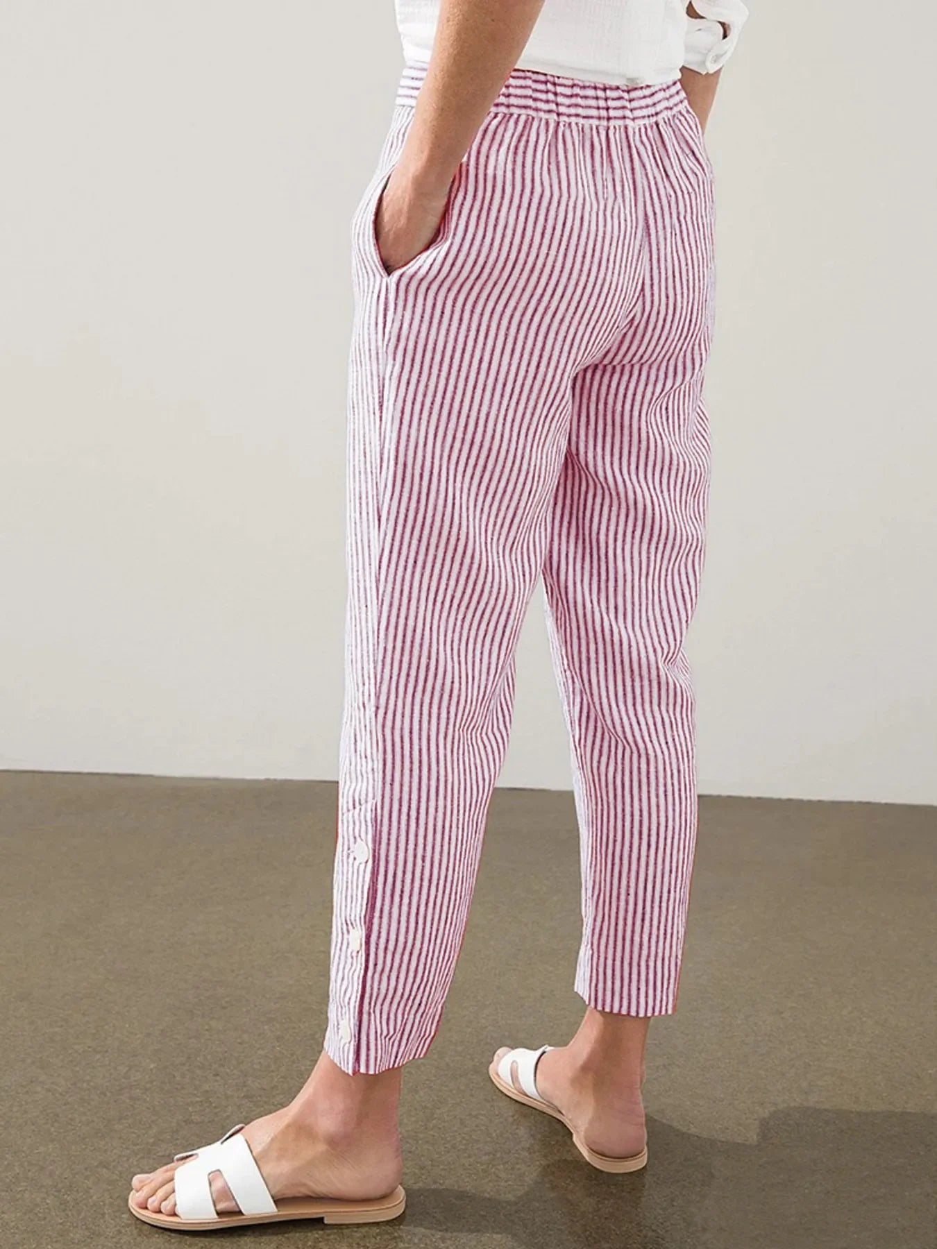 Striped Button Detail Plus Size Pants Coastal Comfort - Southern Shores Clothing