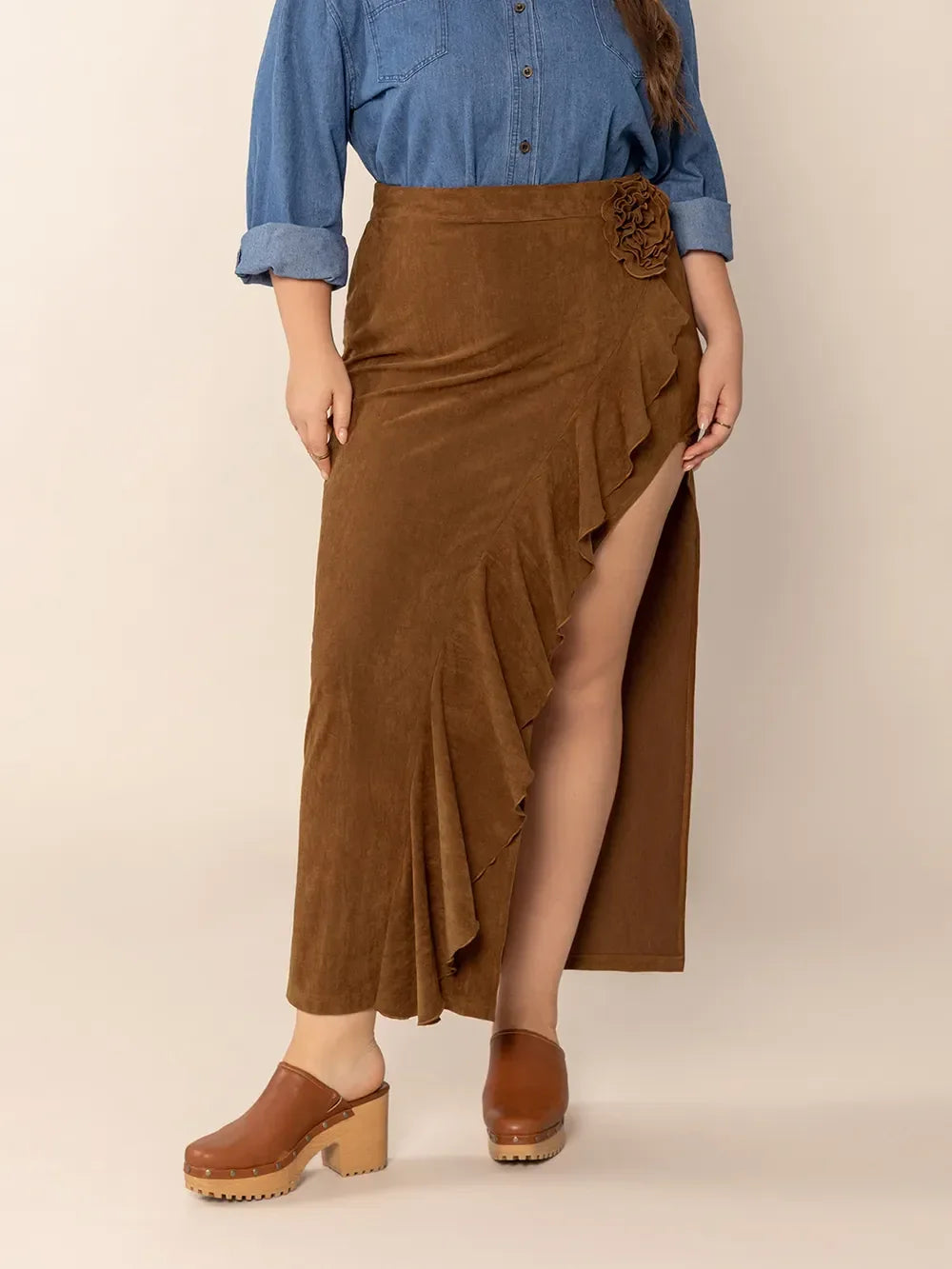 Plus Size Ruffled Slit High Rise Skirt Silhouette - Southern Shores Clothing