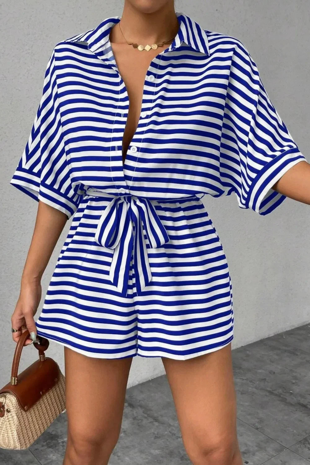 Striped Collared Neck Tie Waist Romper Relaxed Fit - Southern Shores Clothing