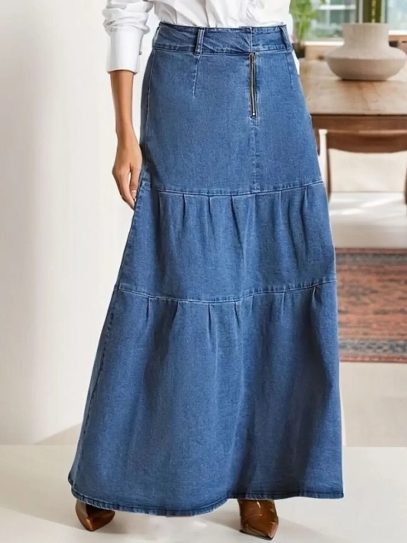 Long Tiered Maxi Denim Skirt With Zipper Detail - Southern Shores Clothing