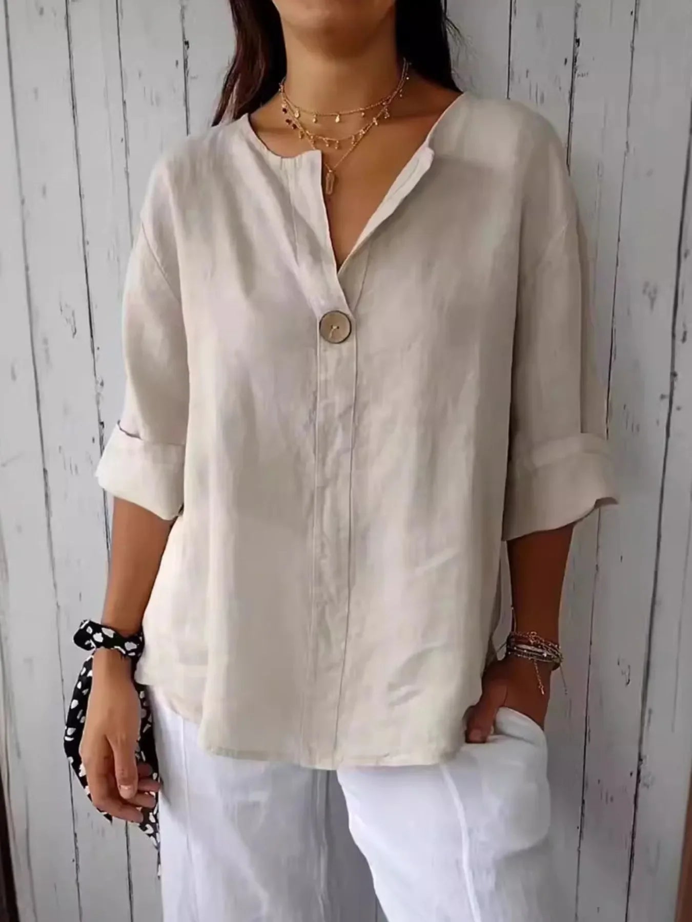 Plus Size Linen Blend Notched Blouse With Button Front - Southern Shores Clothing