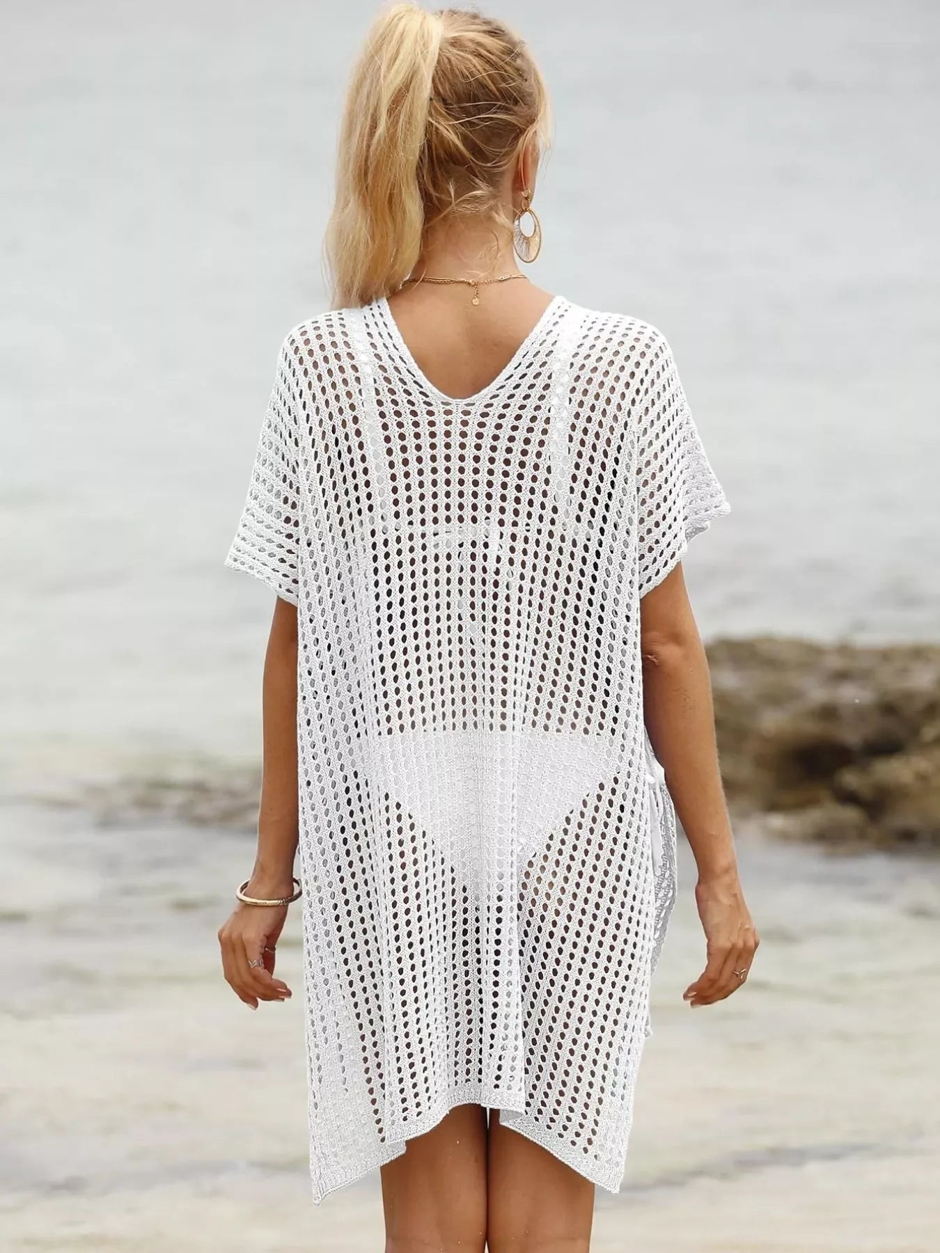 Openwork V-Neck Slit Cover-Up Mesh Knit Lightweight Relaxed Fit - Southern Shores Clothing