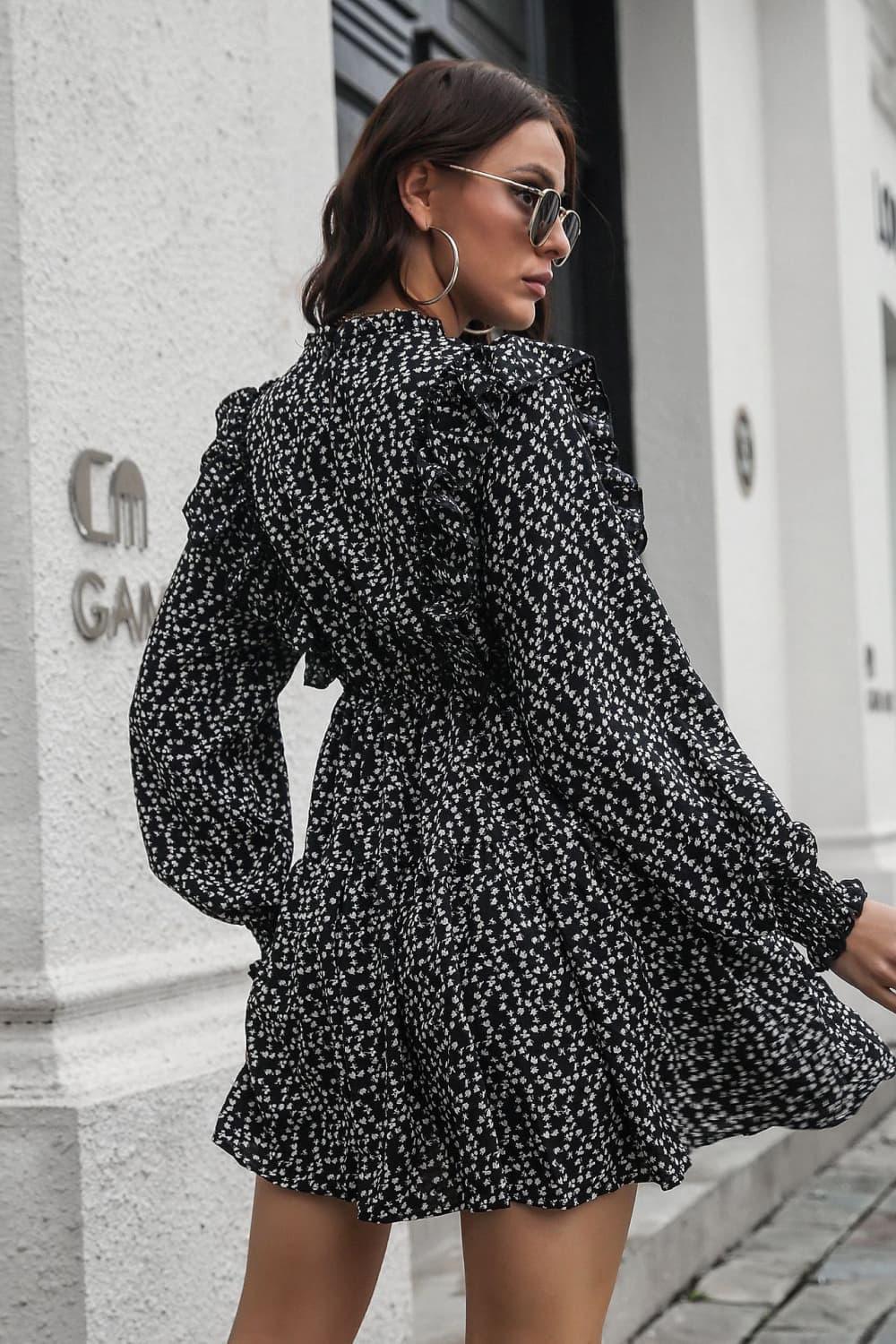 Printed Ruffle Trim Smocked Long Sleeve Mini Dress - Southern Shores Clothing