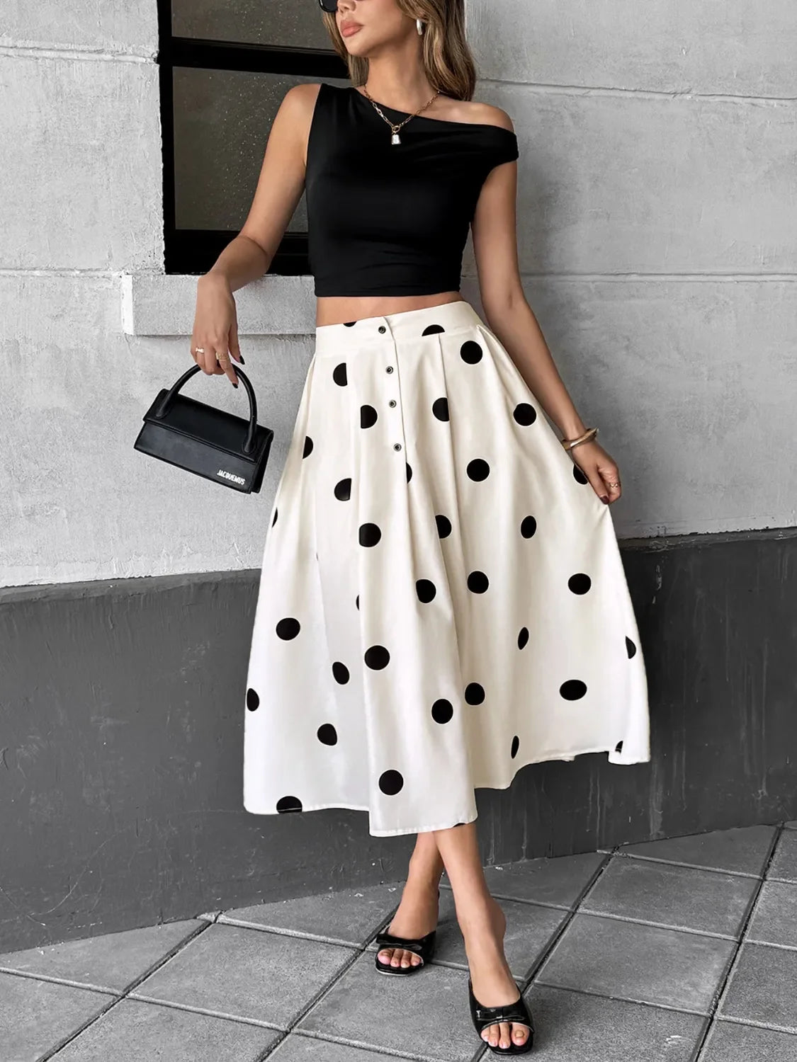 Polka Dot Flowing Skirt With Lightweight Draping - Southern Shores Clothing