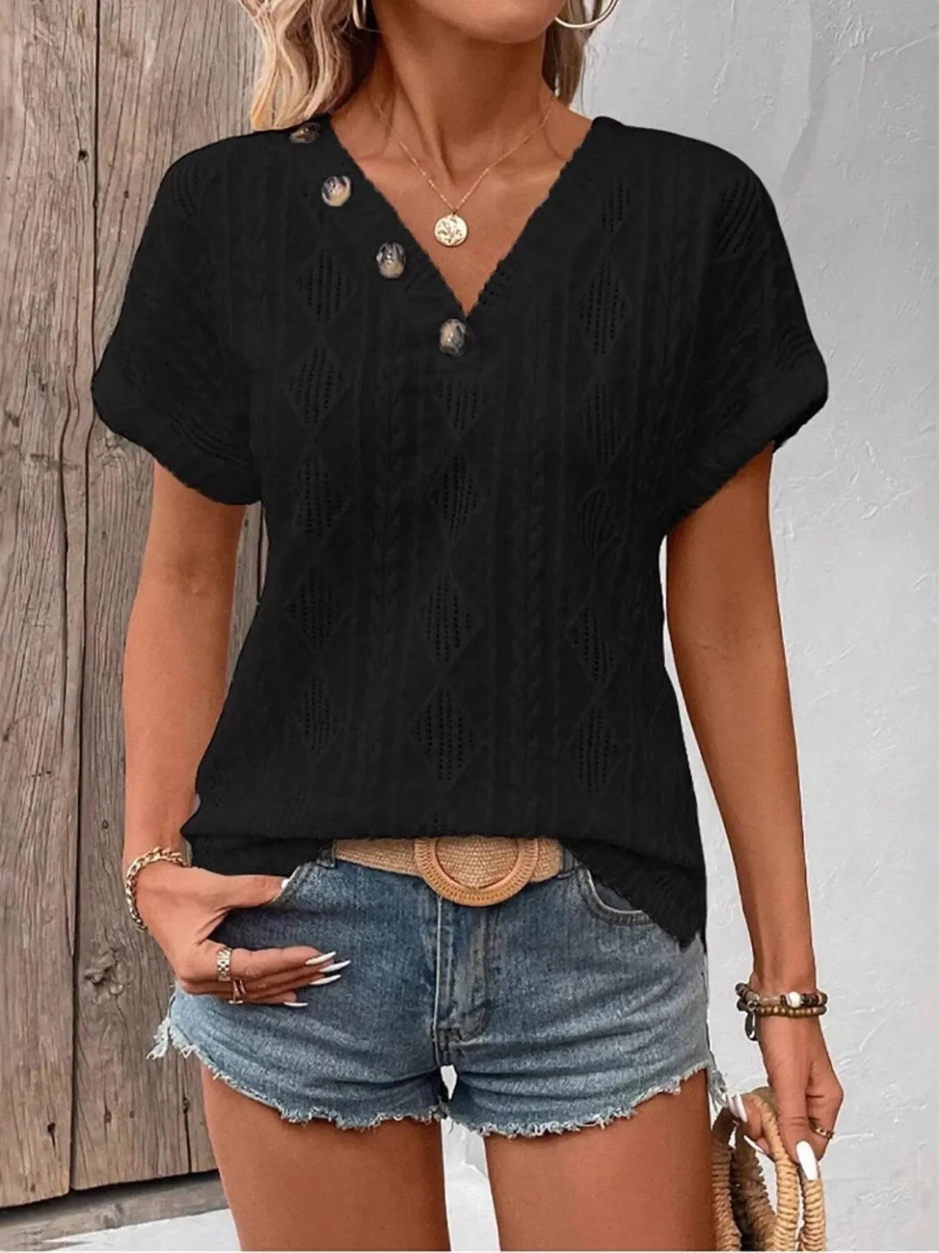 Textured V-Neck Short Sleeve Buttoned Top With Openwork - Southern Shores Clothing
