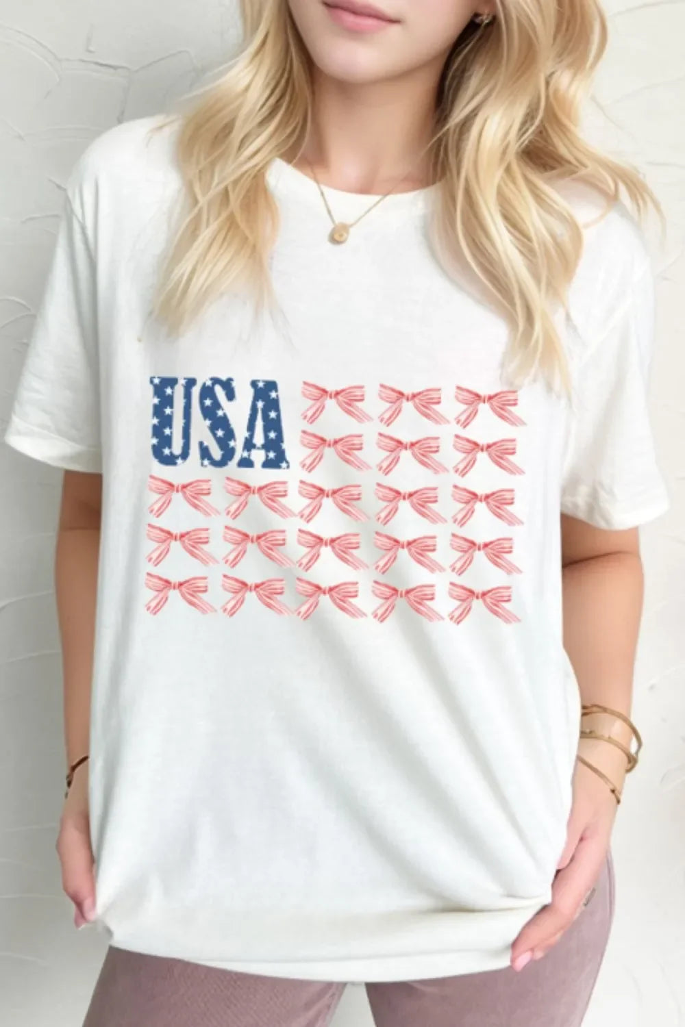 USA Flag Bow Knot Print Round Neck T Shirt - Southern Shores Clothing