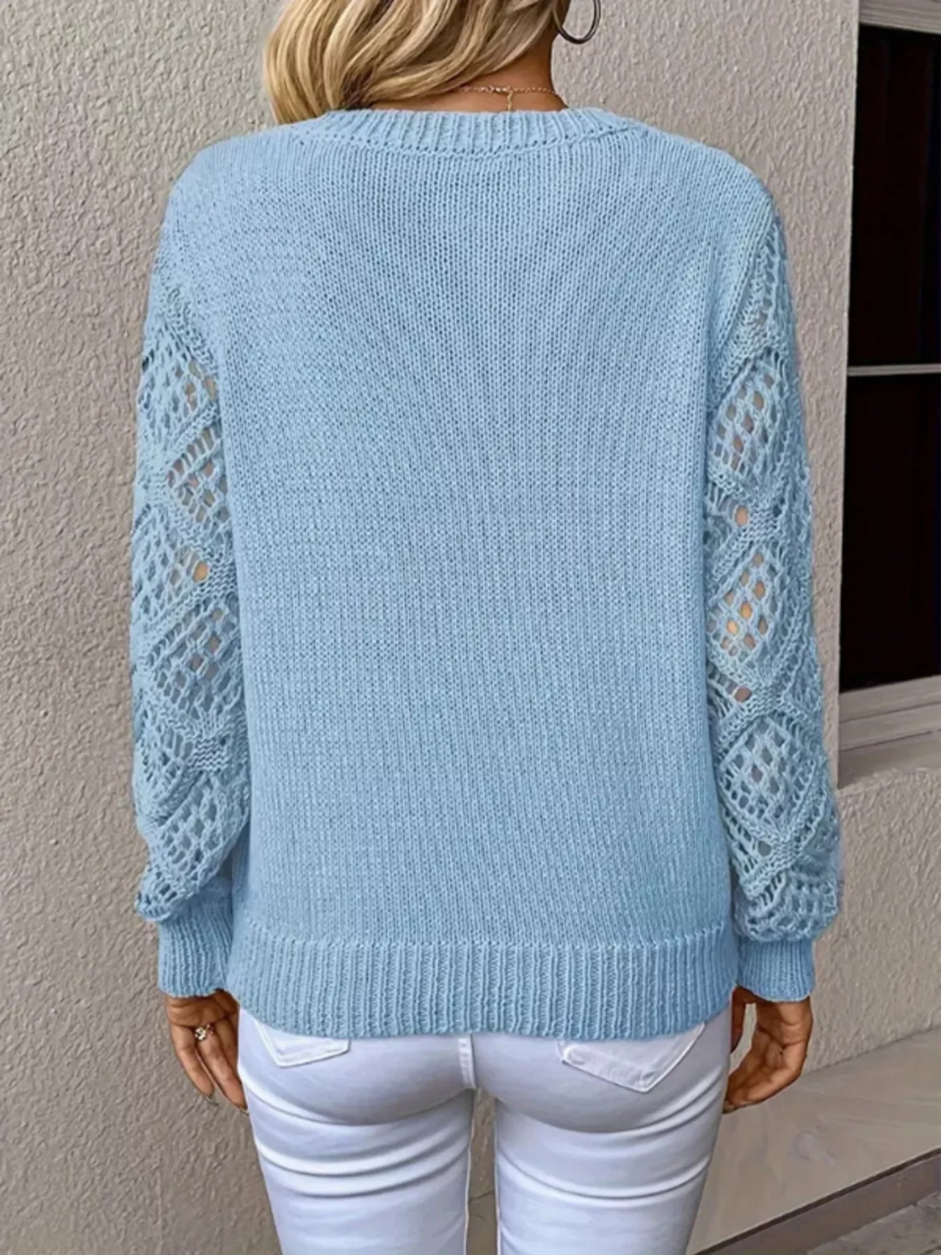 Openwork Stretch V-Neck Long Sleeve Sweater - Southern Shores Clothing