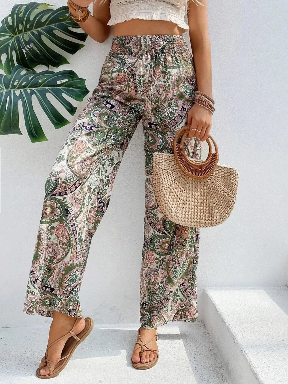 Printed Wide Leg Pants With Paisley Print Drawstring Waist - Southern Shores Clothing