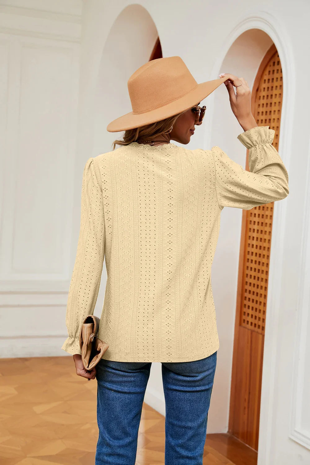 Southern Shores V-Neck Flounce Sleeve Lace Blouse In Stretch Rayon Blend Fabric For Versatile Wear - Southern Shores Clothing