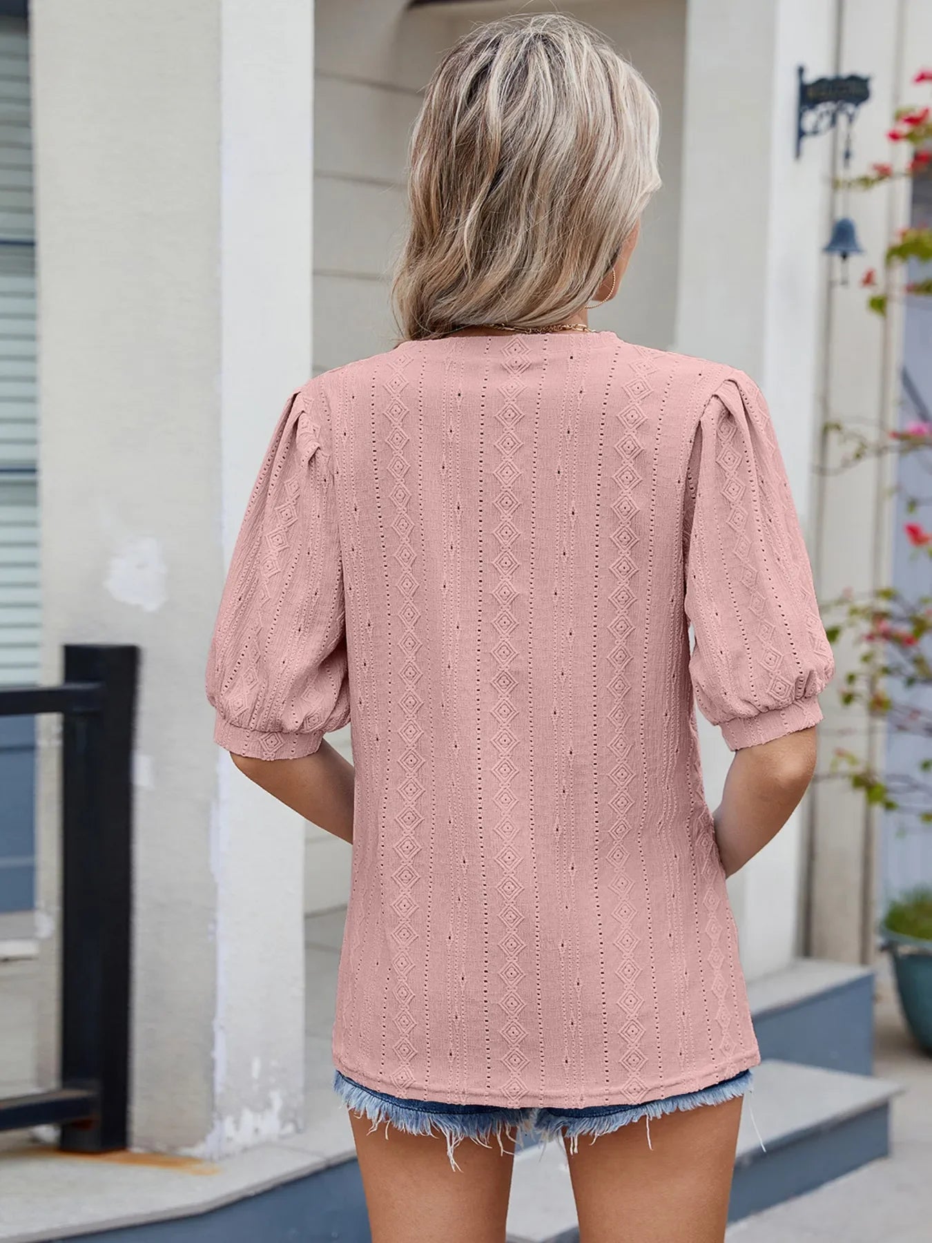 Spade Eyelet V-Neck Puff Sleeve Rayon Top - Southern Shores Clothing