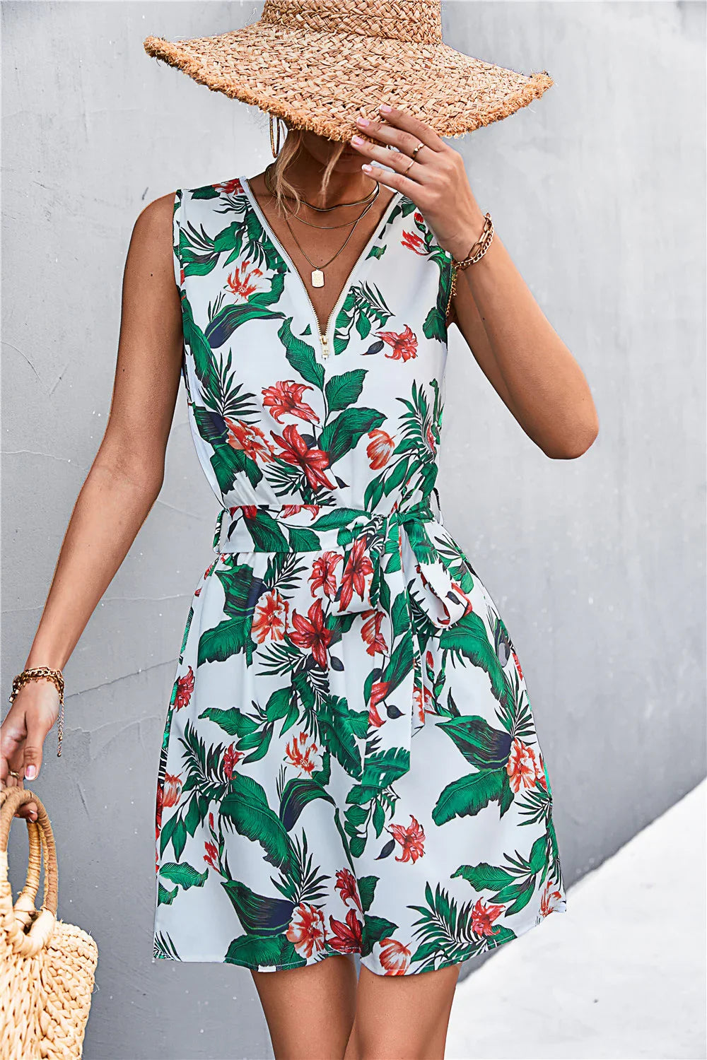 Printed Zip Detail Belted Sleeveless Dress - Southern Shores Clothing