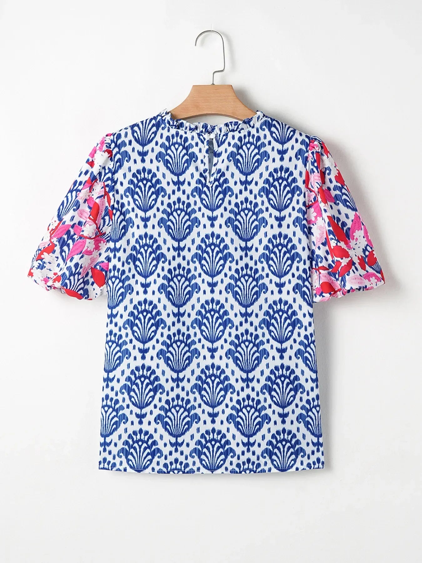 Printed Puff Sleeve Frilled Neck Blouse Top - Southern Shores Clothing