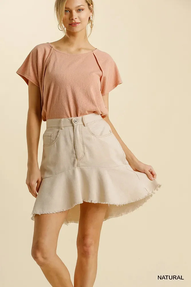 Linen Blend High-Low Skirt Frayed Hem Five Pockets - Southern Shores Clothing