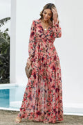 Floral Frill Trim Flounce Sleeve Plunge Maxi Dress - Southern Shores Clothing