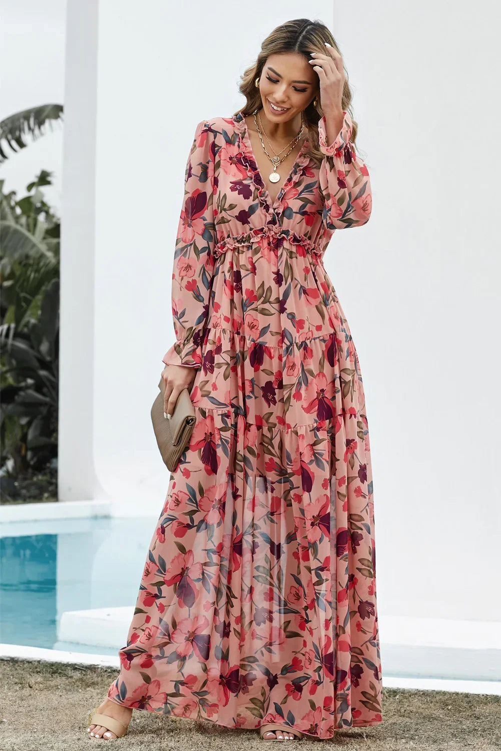 Floral Frill Trim Flounce Sleeve Plunge Maxi Dress - Southern Shores Clothing