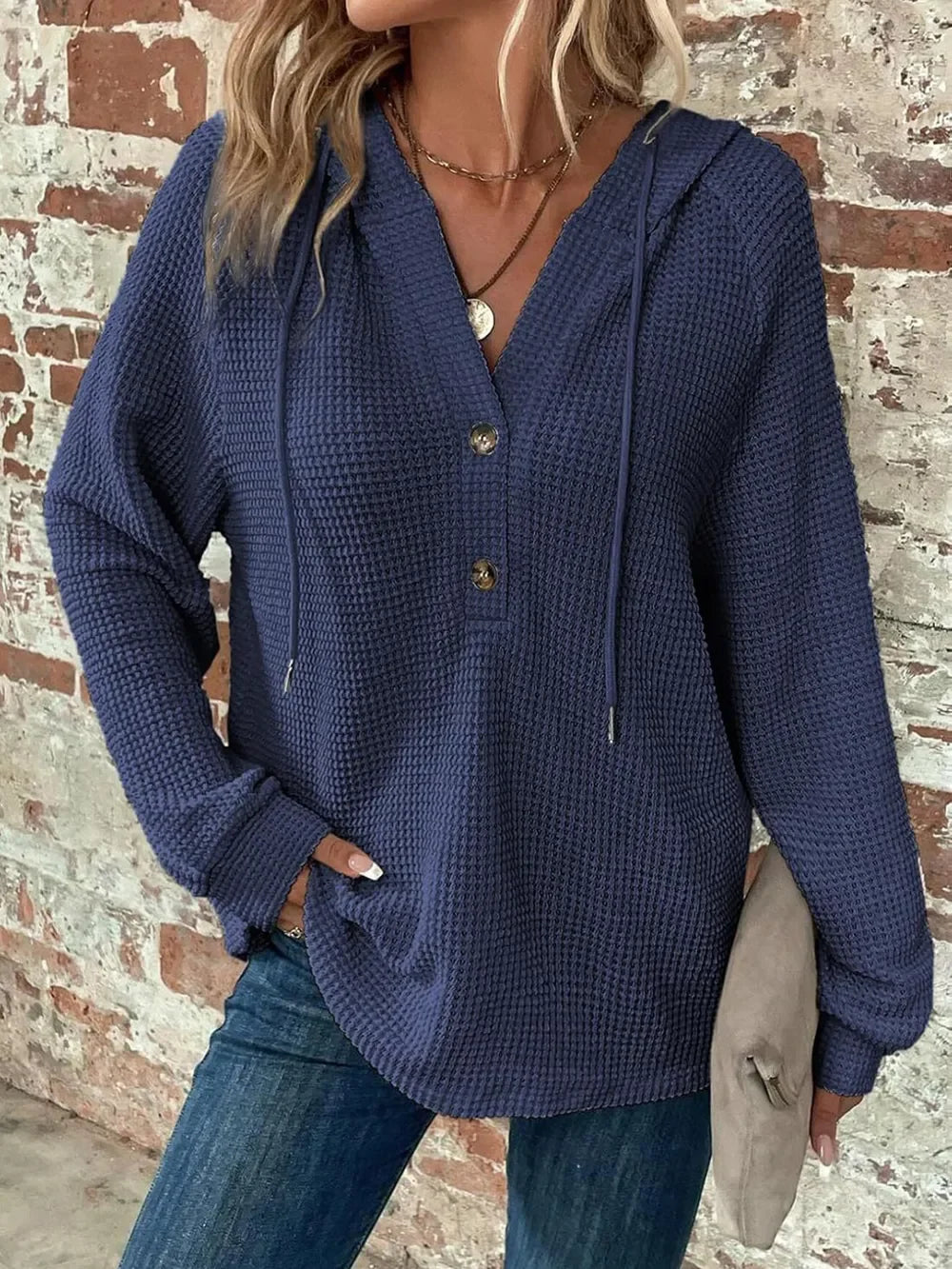 Waffle Knit Long Sleeve Drawstring Hooded Top - Southern Shores Clothing