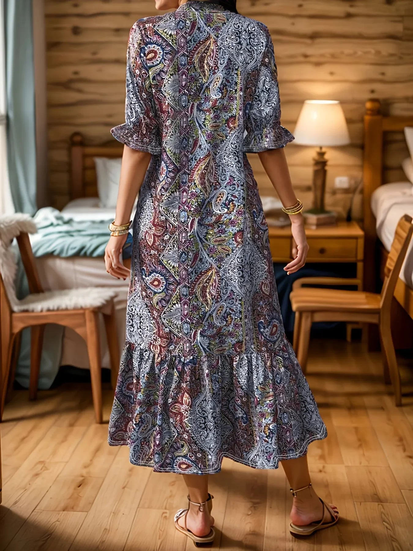 Bohemian Paisley Print Midi Dress With Ruffle Hem Long Sleeve - Southern Shores Clothing