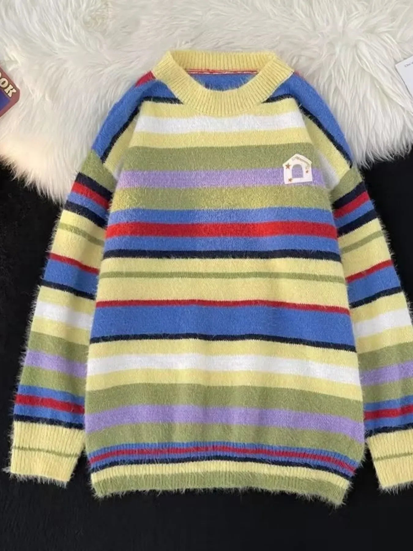 Cozy Striped Fuzzy Knit Round Neck Sweater - Southern Shores Clothing