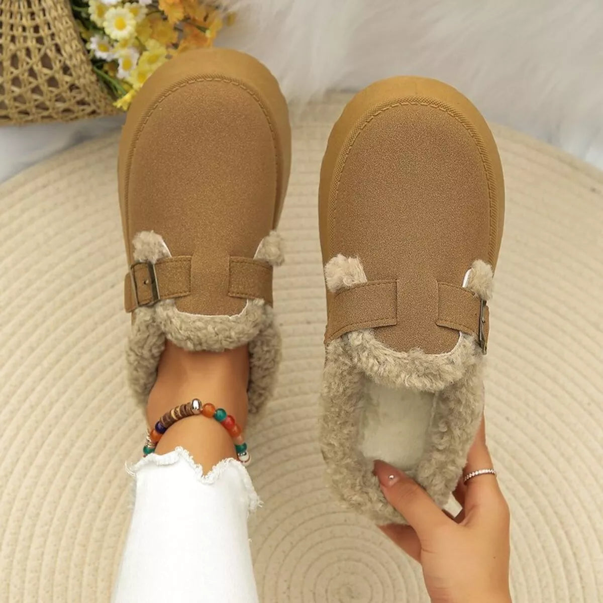 Round Toe Platform Fleece-Lined Slip-Ons