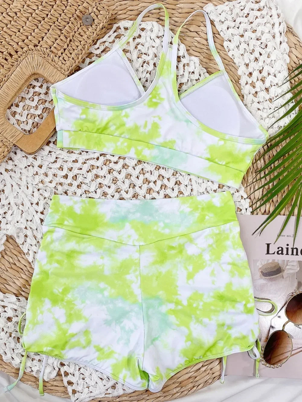 Tie-Dye Spaghetti Strap Top And Drawstring Shorts Swim Set - Southern Shores Clothing