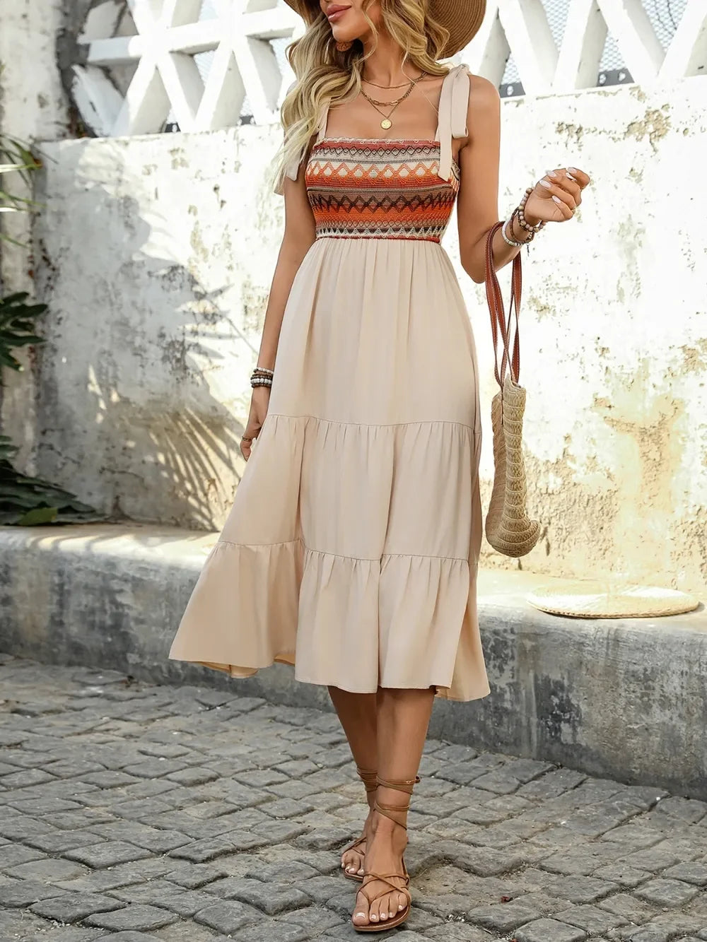Smocked Bodice Tie Shoulder Square Neck Tiered Midi Dress - Southern Shores Clothing