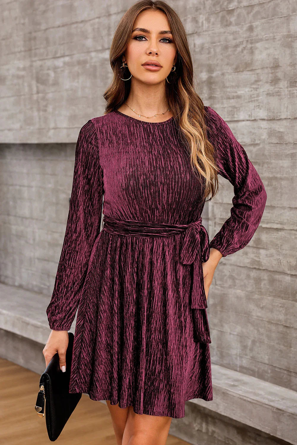 Casual Everyday Round Neck Tie Front Long Sleeve Dress - Southern Shores Clothing