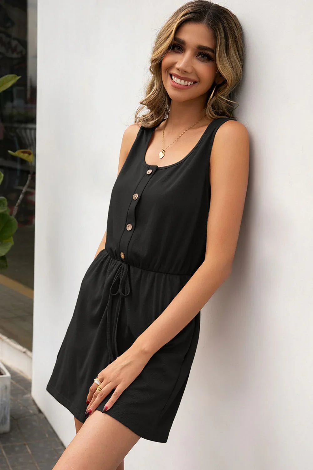Solid Buttoned Round Neck Sleeveless Tie Romper - Southern Shores Clothing
