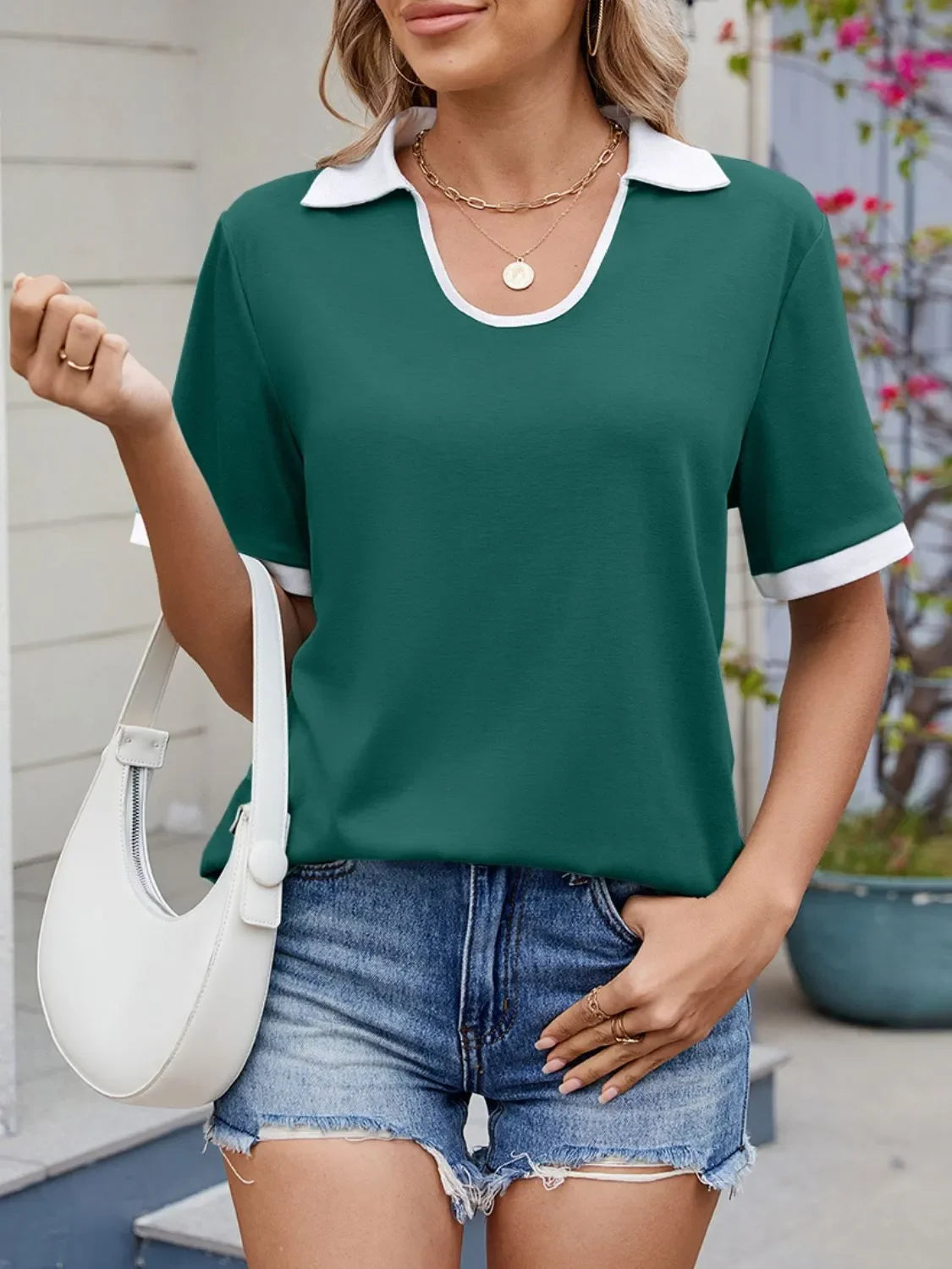 Contrast Trim Collar Short Sleeve Casual T-Shirt - Southern Shores Clothing