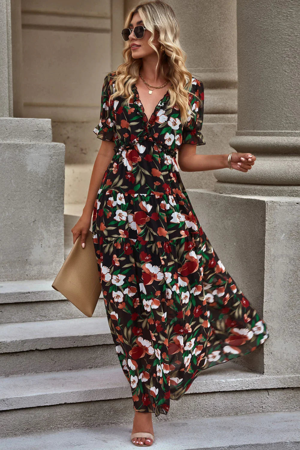 Floral V Neck Short Flounce Sleeve Maxi Dress - Southern Shores Clothing