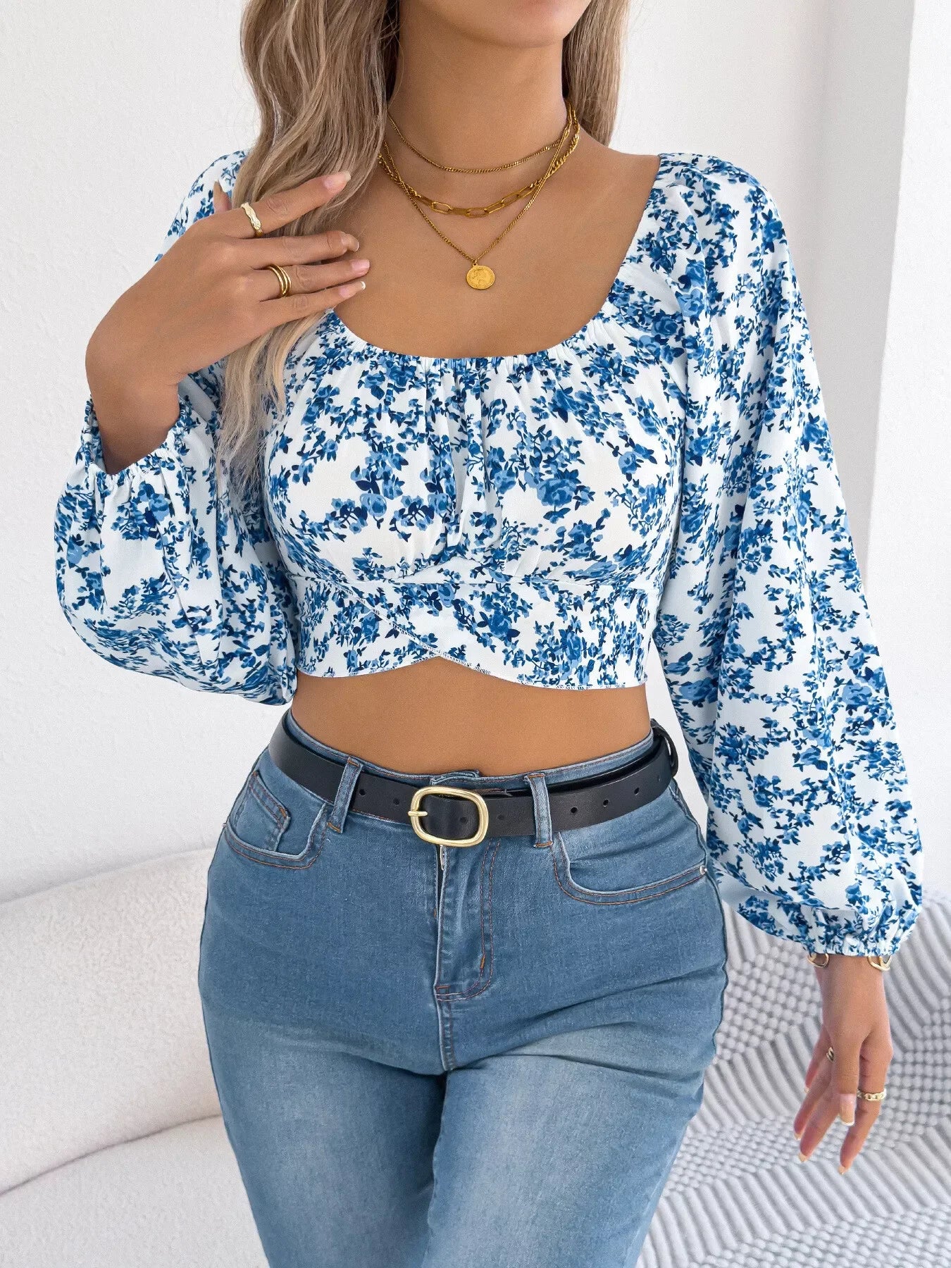 Floral Balloon Sleeve Square Neck Crop Blouse - Southern Shores Clothing