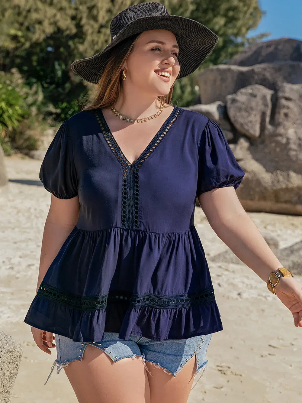 Plus Size Peplum V-Neck Short Sleeve Openwork Blouse - Southern Shores Clothing