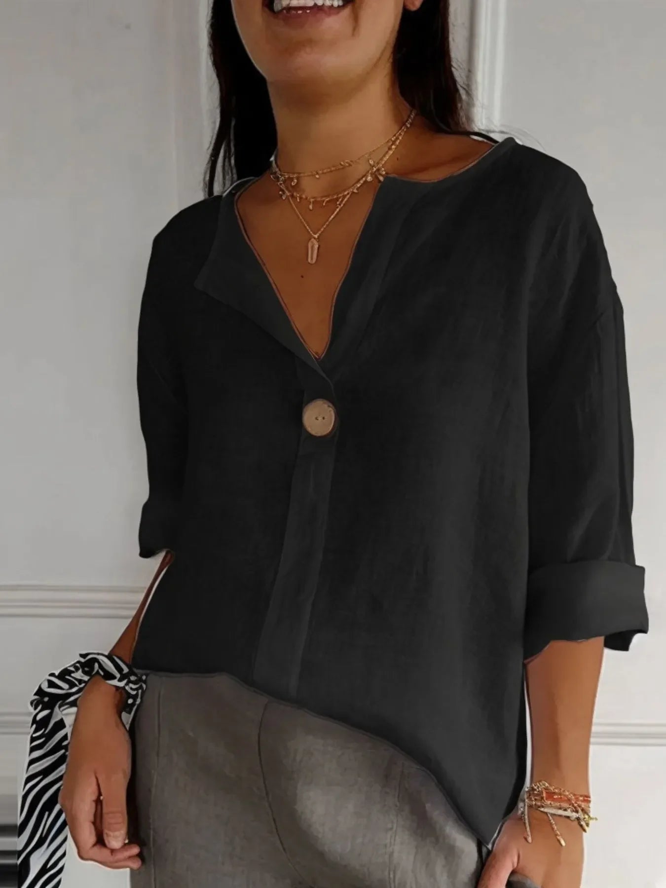 Plus Size Linen Blend Notched Blouse With Button Front - Southern Shores Clothing