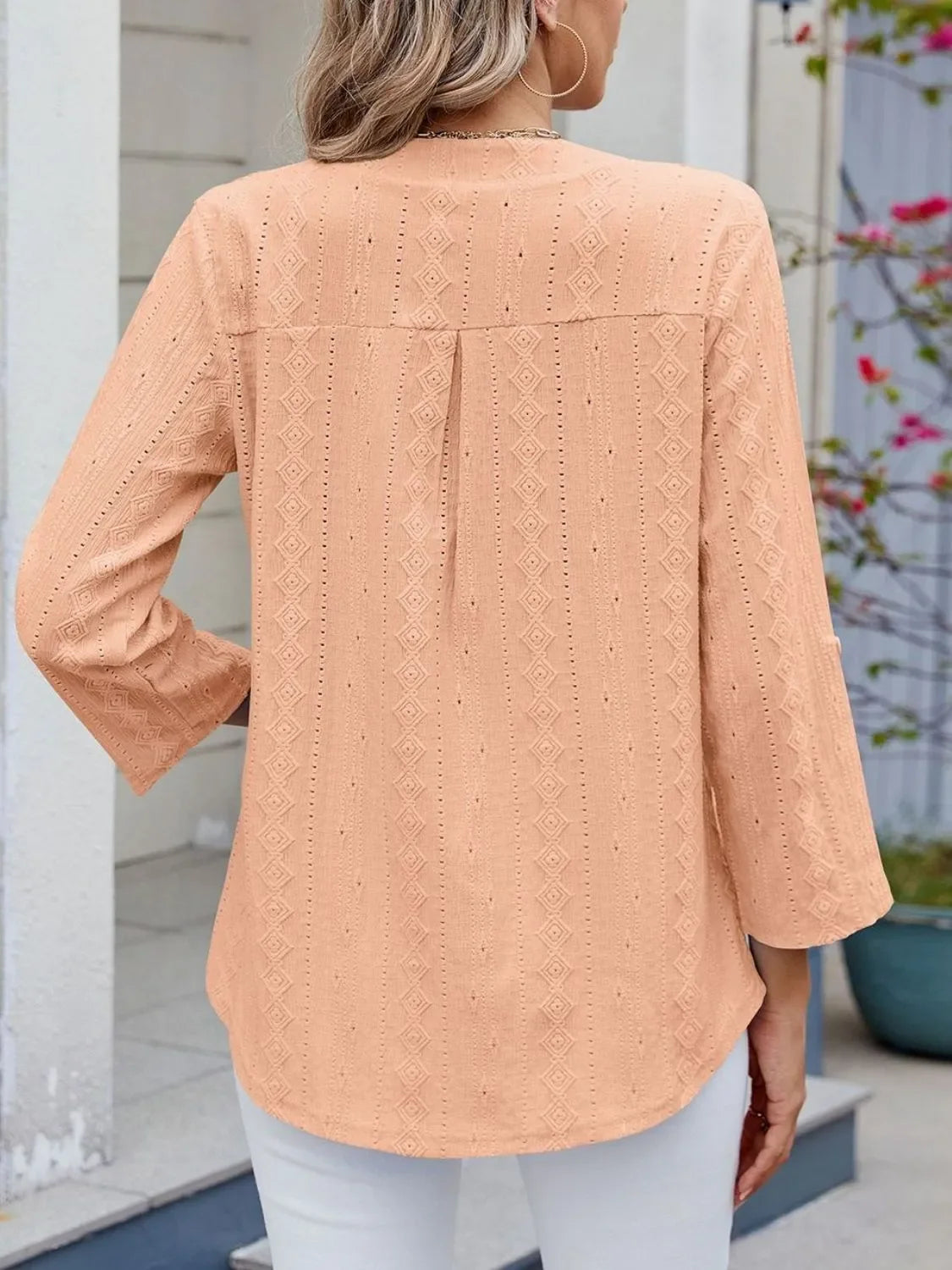 Eyelet Notched Roll-Tab Sleeve Top For Everyday Casual Wear - Southern Shores Clothing