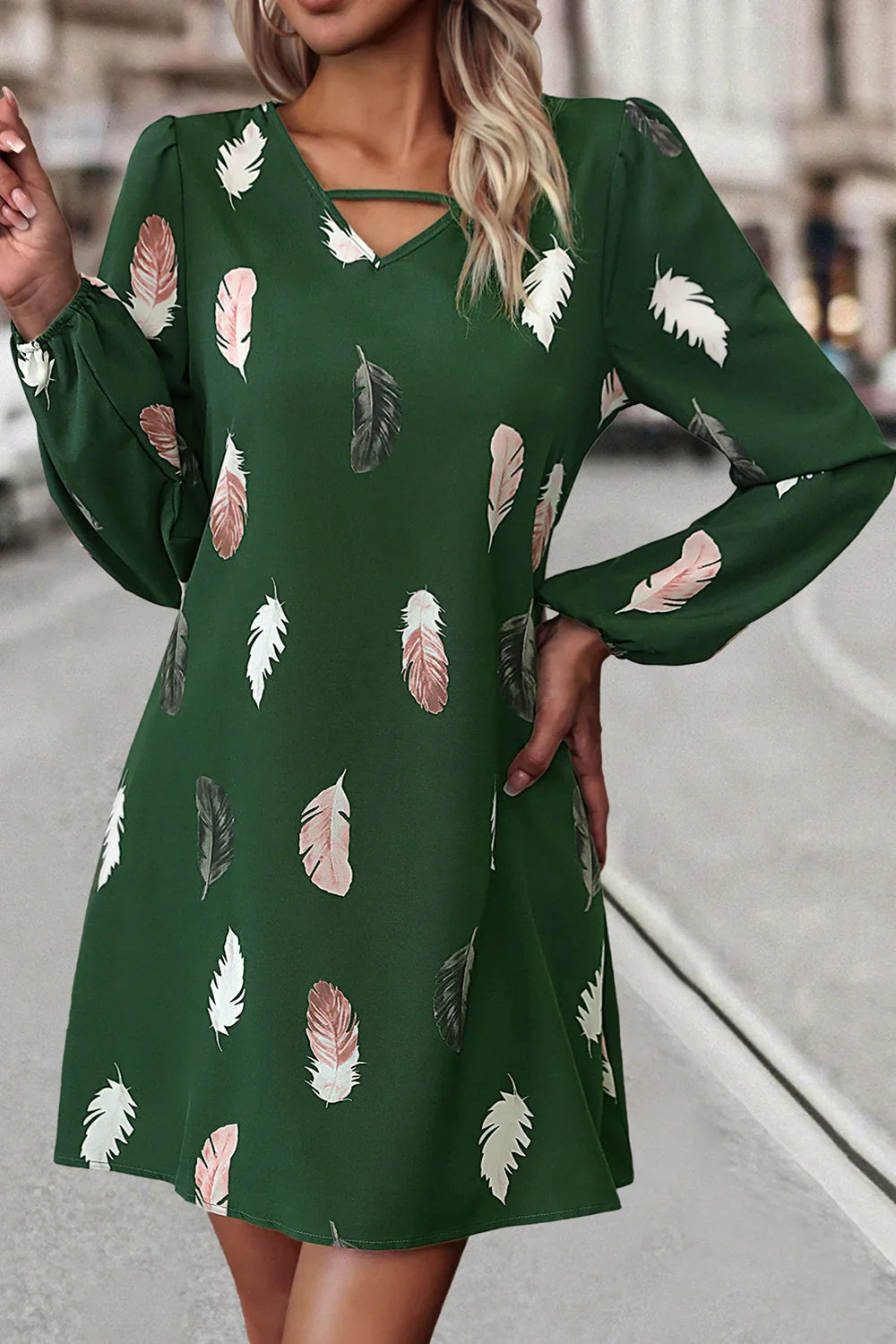 Feather Print V-Neck Dress - Southern Shores Clothing