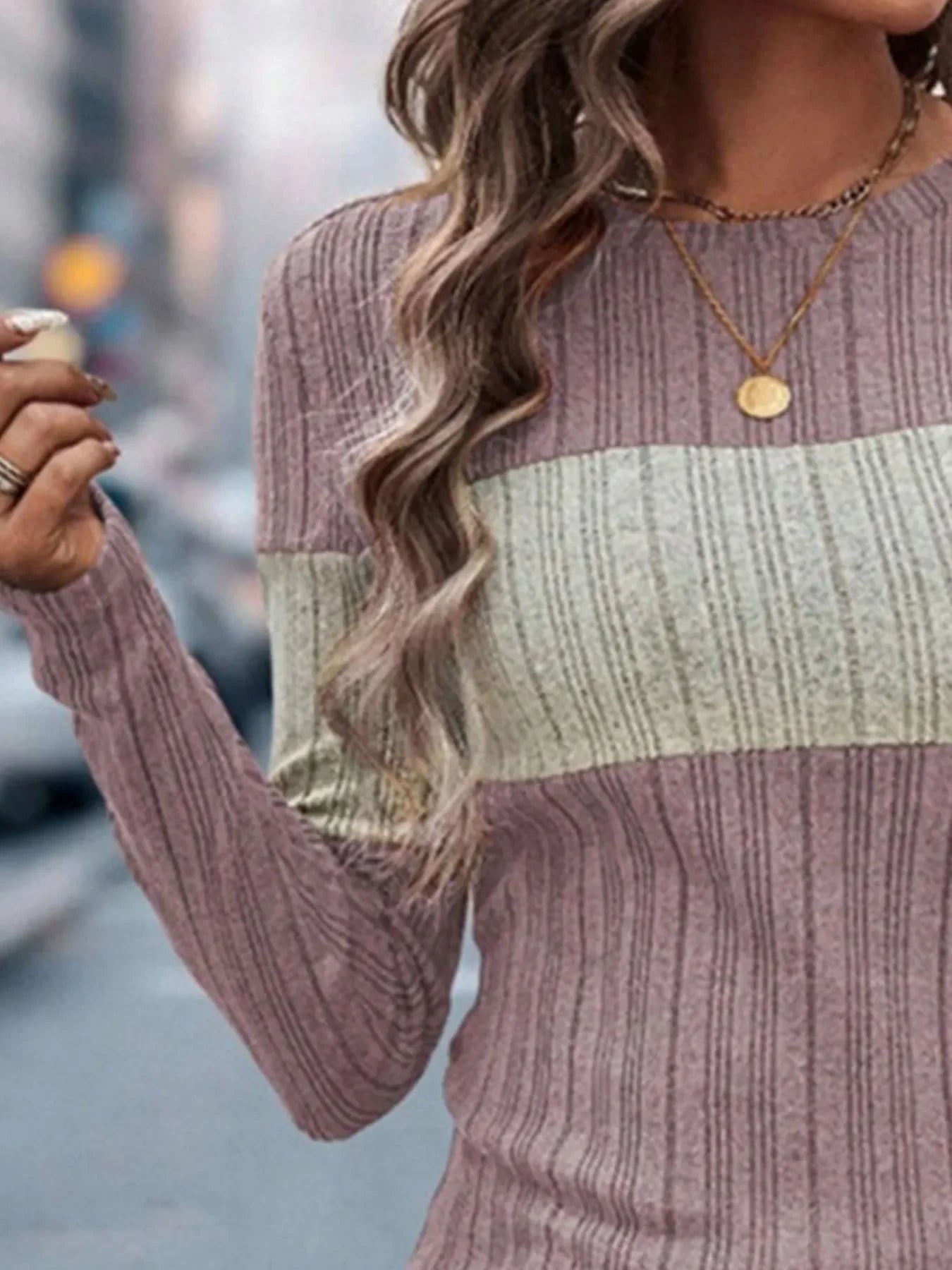 Block Pattern Round Neck Long Sleeve Sweater - Southern Shores Clothing