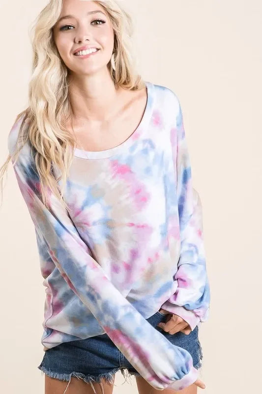Tie Dye Print Cotton Terry Top With Puff Sleeves - Southern Shores Clothing