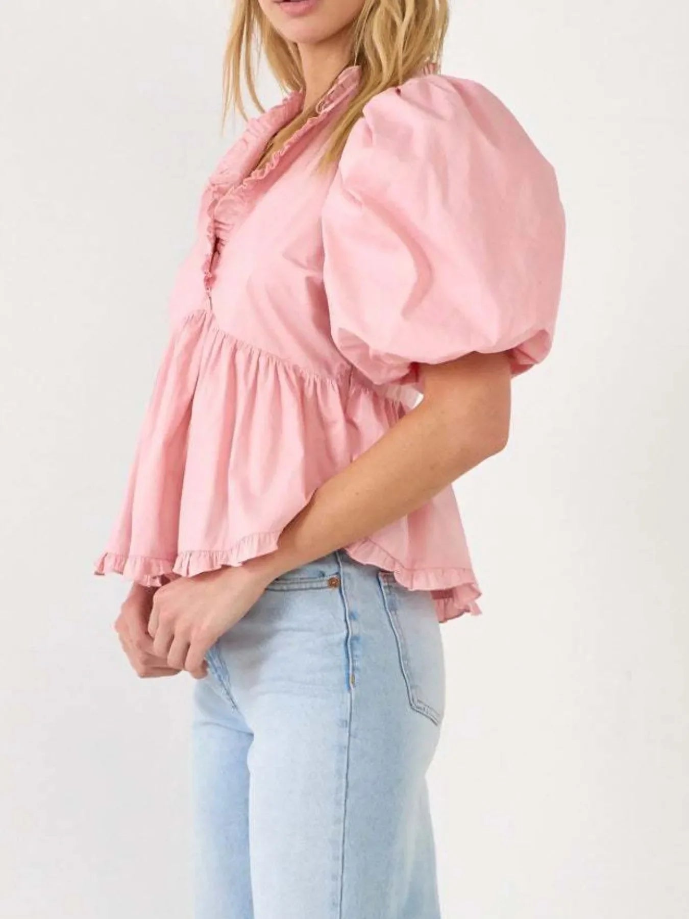 Stylish Southern Shores Clothing Puff Sleeve Peplum Blouse With Ruffles In 100% Polyester Fabric - Southern Shores Clothing