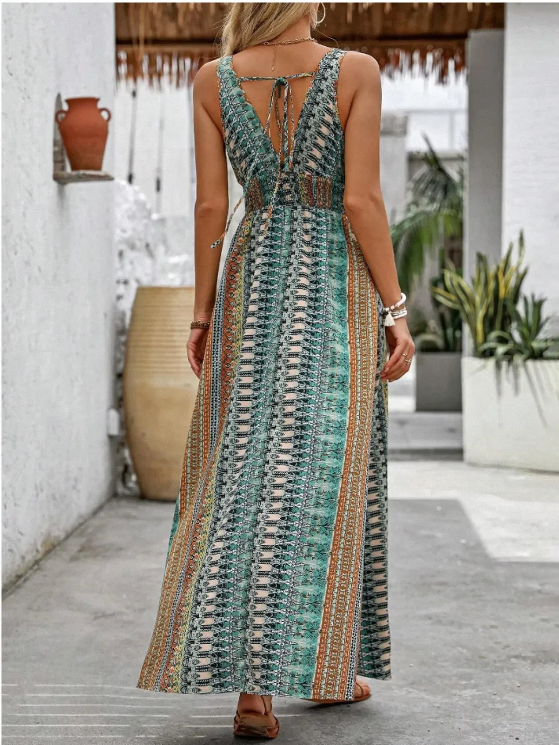 Printed All-Over Tied-Back Sleeveless Maxi Dress With Slit - Southern Shores Clothing