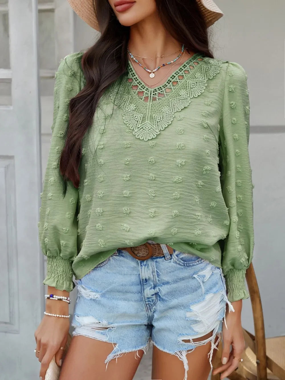 Swiss Dot Lace Detail V-Neck Long Sleeve Blouse - Southern Shores Clothing