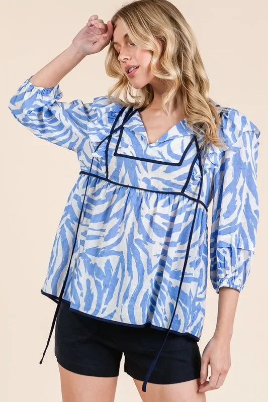 Graphic Print Quarter Sleeve Blouse With Solid Trim - Southern Shores Clothing